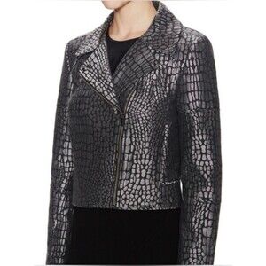 Diane Von Furstenberg Gray/ Black Angie Alligator Print Moto Crop Jacket Size 4